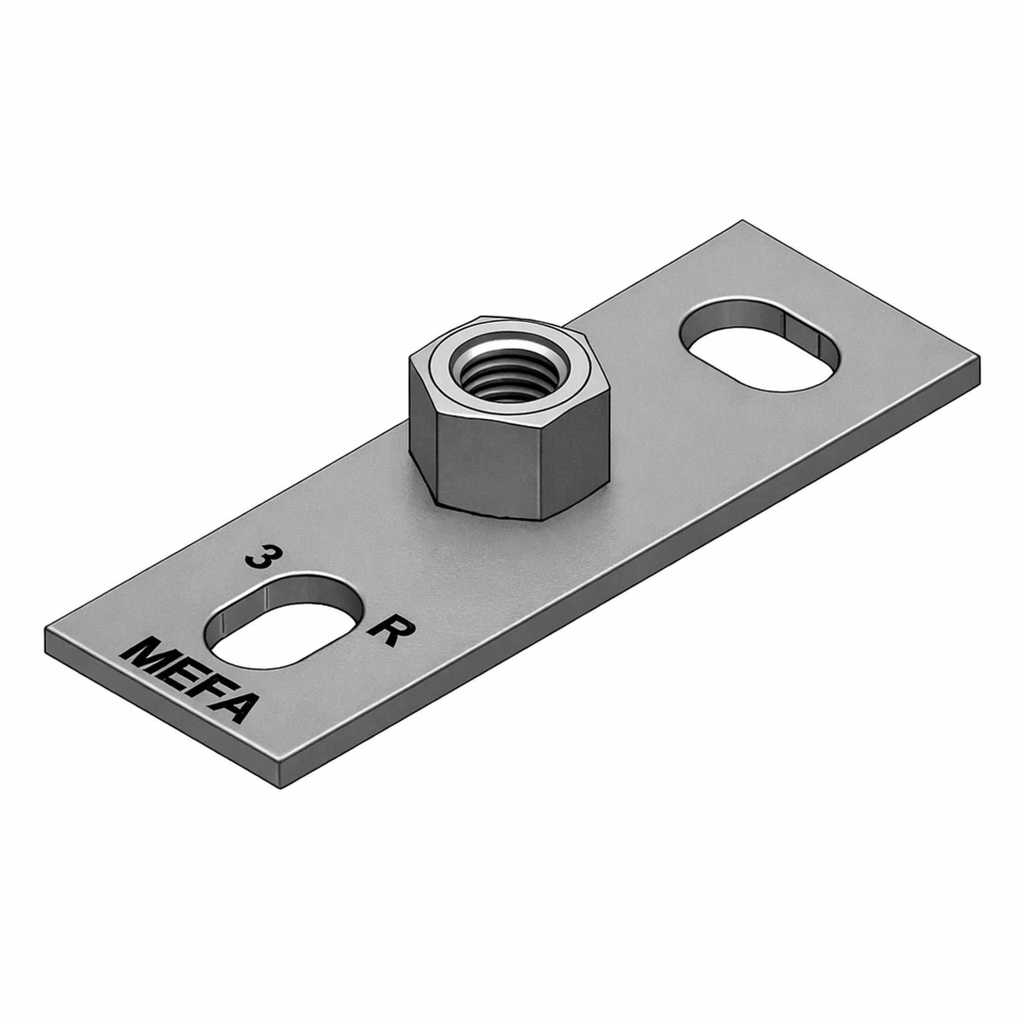Metallmontageplate mit einer verschweißten Sechskantmutter und zwei Schlitzlöchern; gekennzeichnet mit „MEFA