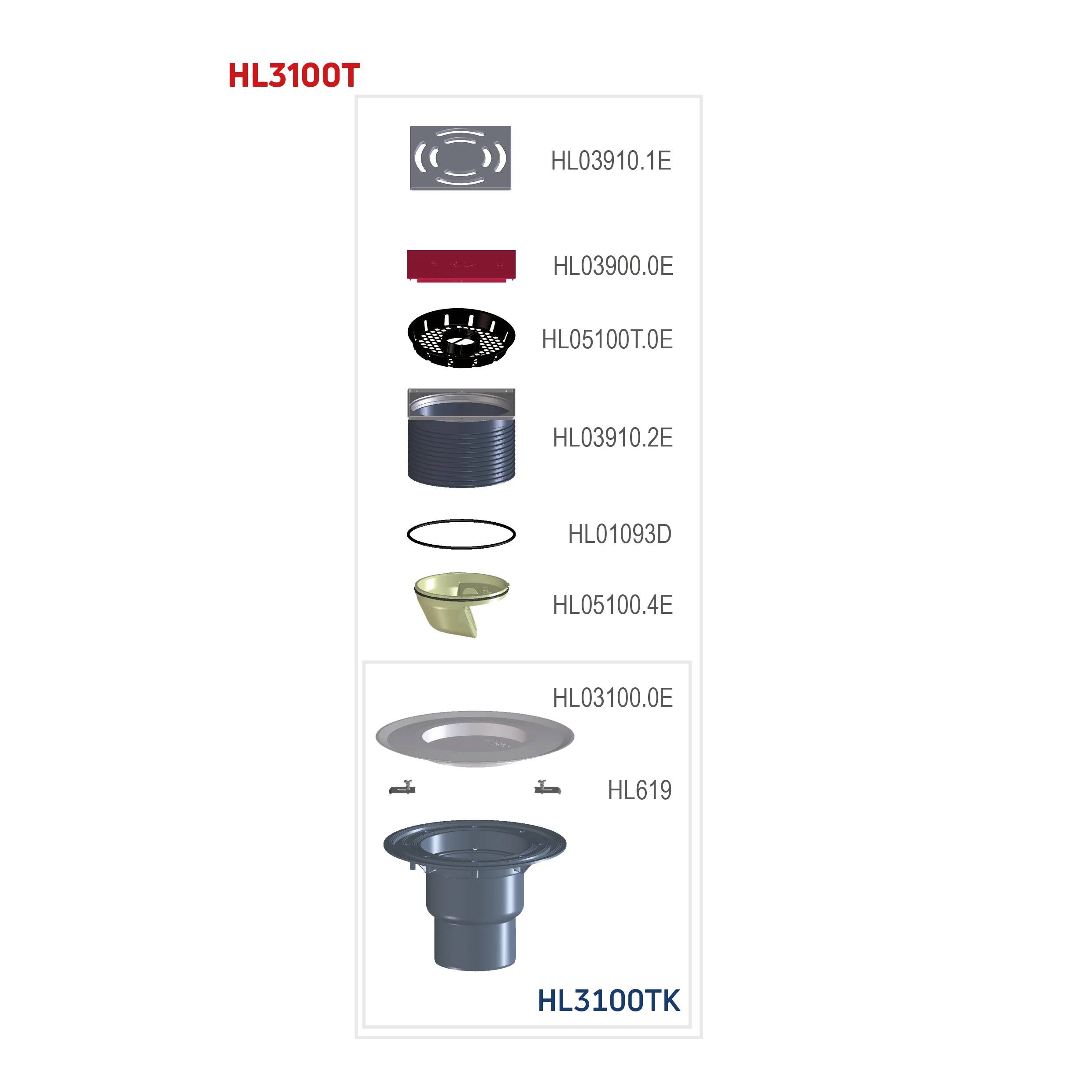 Produktdiagramm für HL3100T/HL3100TK mit Darstellung der enthaltenen Spülenbecken-Ablaufkomponenten und Teilenummern, mit Draufsicht der zusammengebauten Ablaufgarnitur.