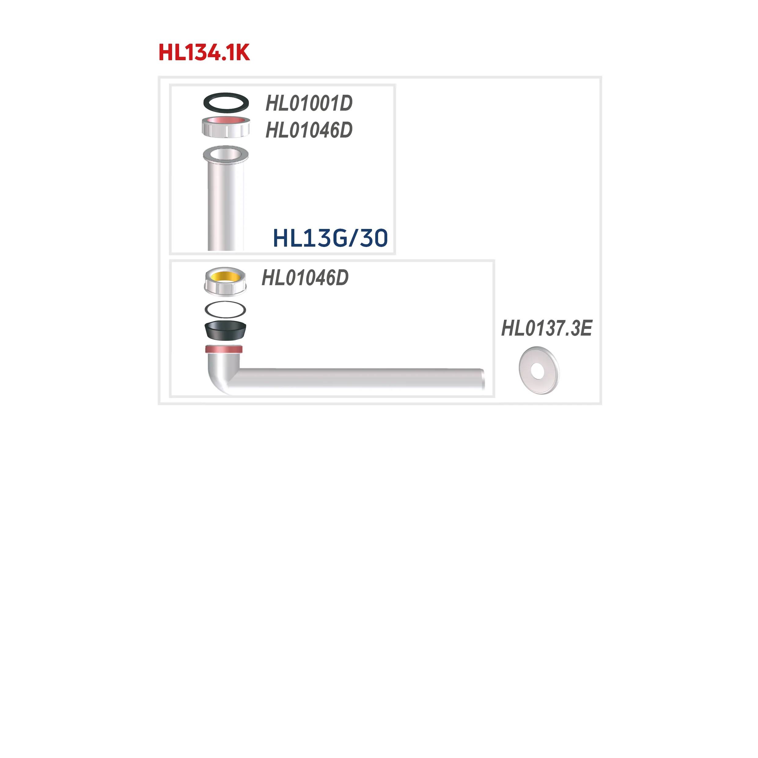 Rohrleitungsplan mit HL134.1K und HL13G/30 Ablaufteilen mit Dichtungen, vertikalen und Bogenstutzen-Rohrabschnitten sowie gekennzeichneten Komponentencodes HL01001D, HL01046D und HL0137.3E.