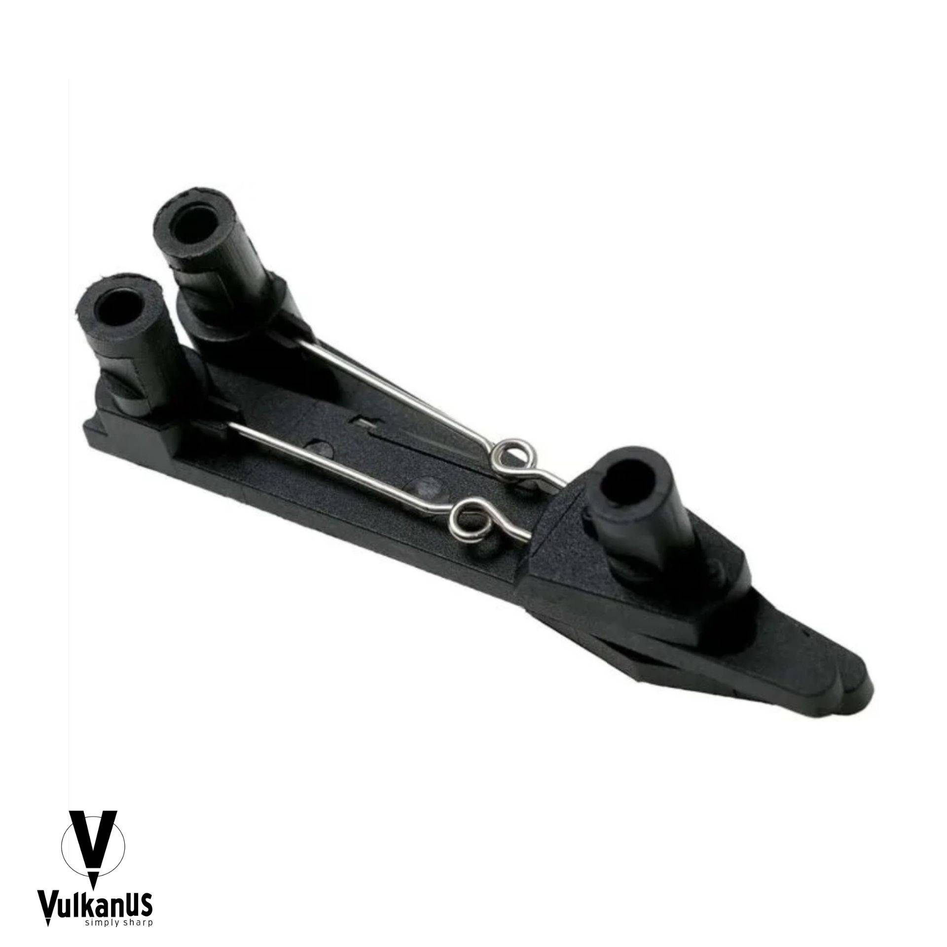 Messerschärfer mit zwei schwarzen Stäben und Metallfedern auf einem Sockel positioniert, wobei das Logo „Vulkanus