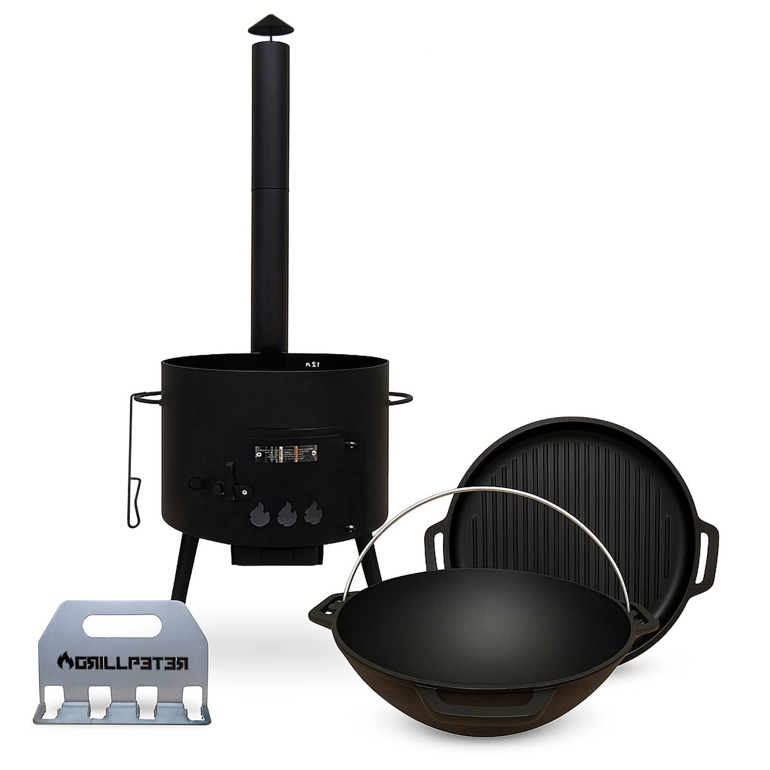 Utschak Ø40cm Kasan 12L Grilldeckel Gusseisen Vierfachbieröffner