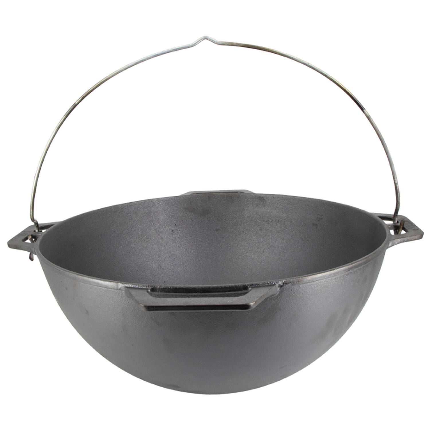 Ein schwarzer Gusseisen-Topf mit Metallgriff, geeignet zum Kochen im Freien oder zum Camping.