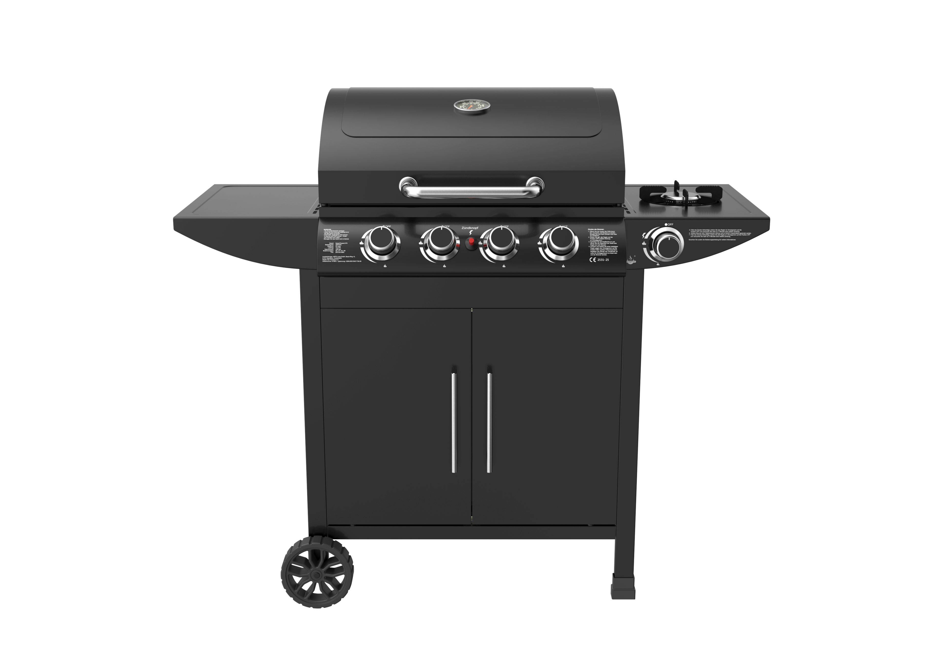 Ein schwarzer Außengasgrill mit vier Brennern, einem Seitenbrenner und einem Lagerschrank, geeignet für Hinterhofgrillabende oder Zusammenkünfte.