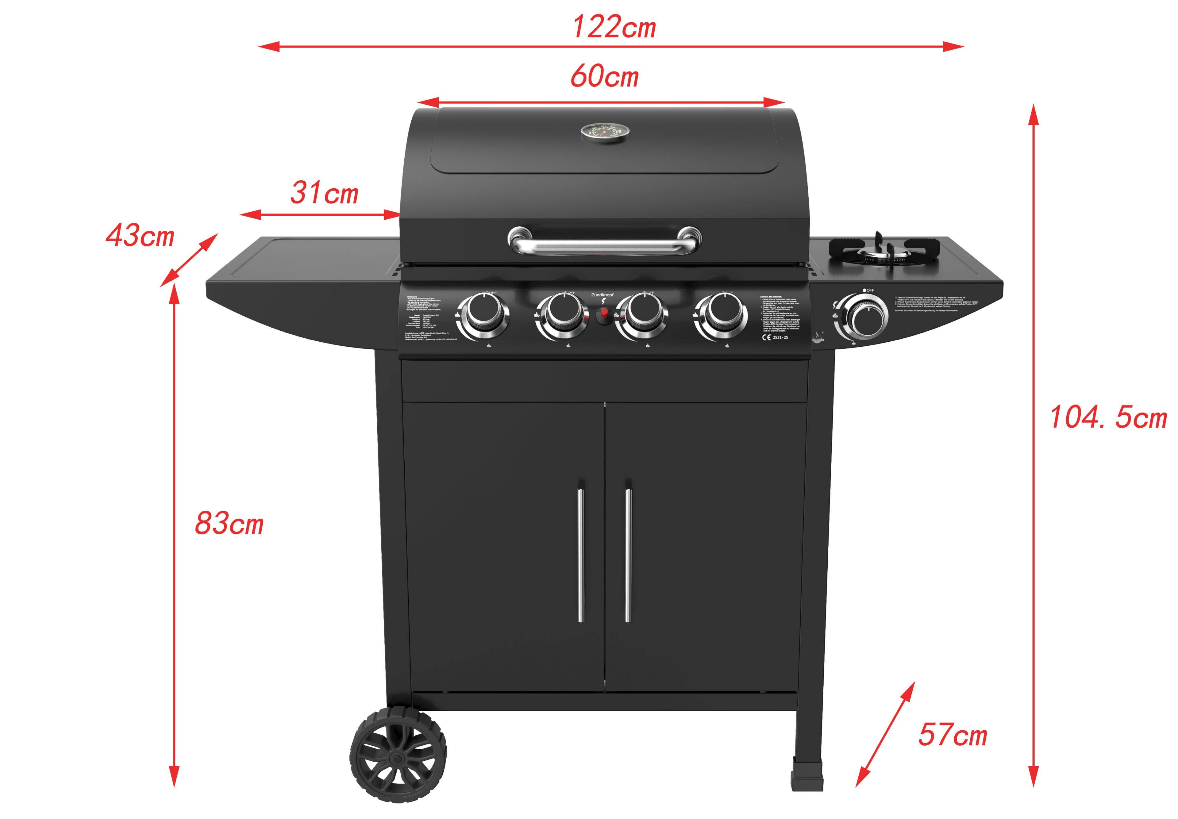 Ein schwarzer Gusseisen-Camping-Topf mit Deckel und Griff wird gezeigt. Im Hintergrund befindet sich eine braune Schachtel mit der Aufschrift „Camping Kasan mit Deckel