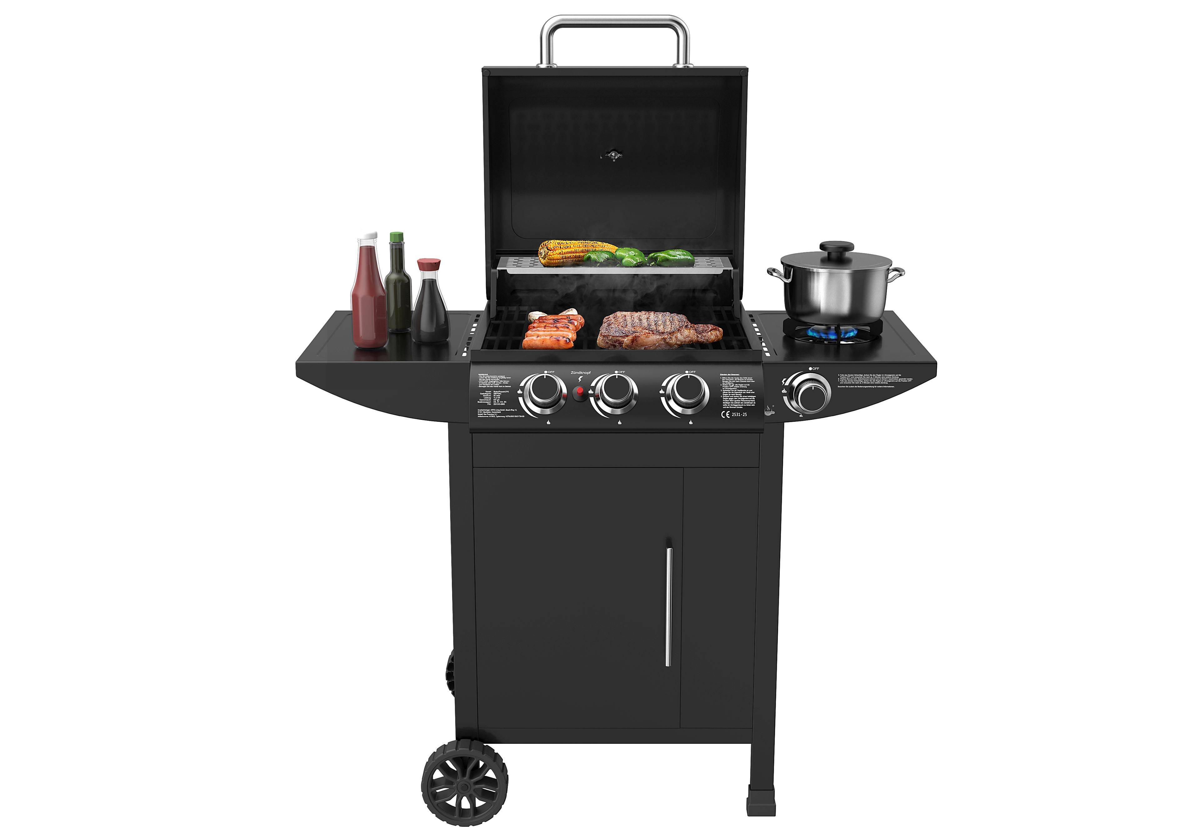 Nahaufnahme eines roten Außengrills mit Edelstahl-Bedienungsknöpfen und einem Thermometer auf dem Deckel.