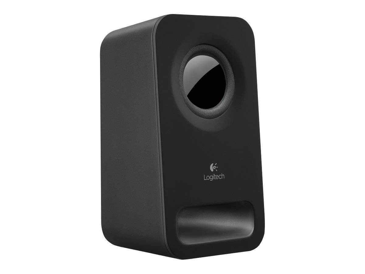 Schwarzer Logitech-Lautsprecher mit vorderem Bassanschluss und kompaktem rechteckigem Design auf weißem Hintergrund