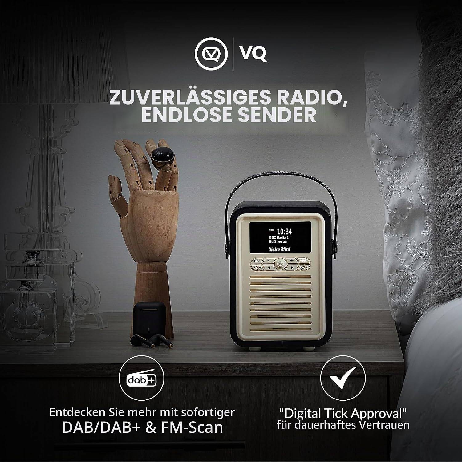 VQ – Retro Mini – Radio – DAB/DAB+ Digitalradio mit UKW, Bluetooth-Lautsprecher, Wecker, USB-Ladeanschluss, Echtholzgehäuse – Schwarzfarbenes