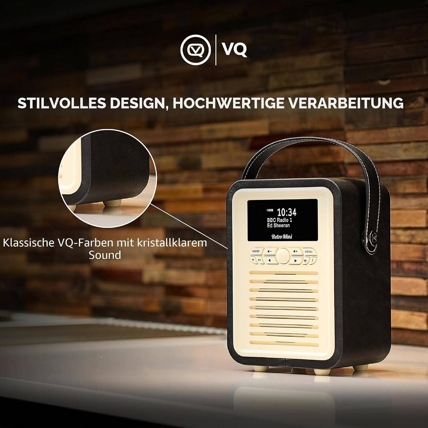 VQ – Retro Mini – Radio – DAB/DAB+ Digitalradio mit UKW, Bluetooth-Lautsprecher, Wecker, USB-Ladeanschluss, Echtholzgehäuse – Schwarzfarbenes