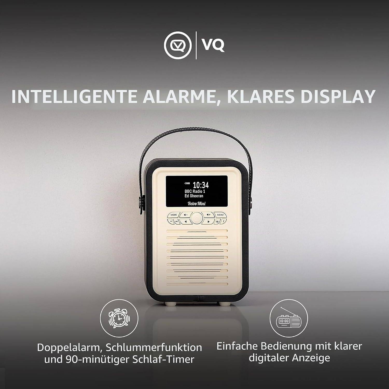 VQ – Retro Mini – Radio – DAB/DAB+ Digitalradio mit UKW, Bluetooth-Lautsprecher, Wecker, USB-Ladeanschluss, Echtholzgehäuse – Schwarzfarbenes
