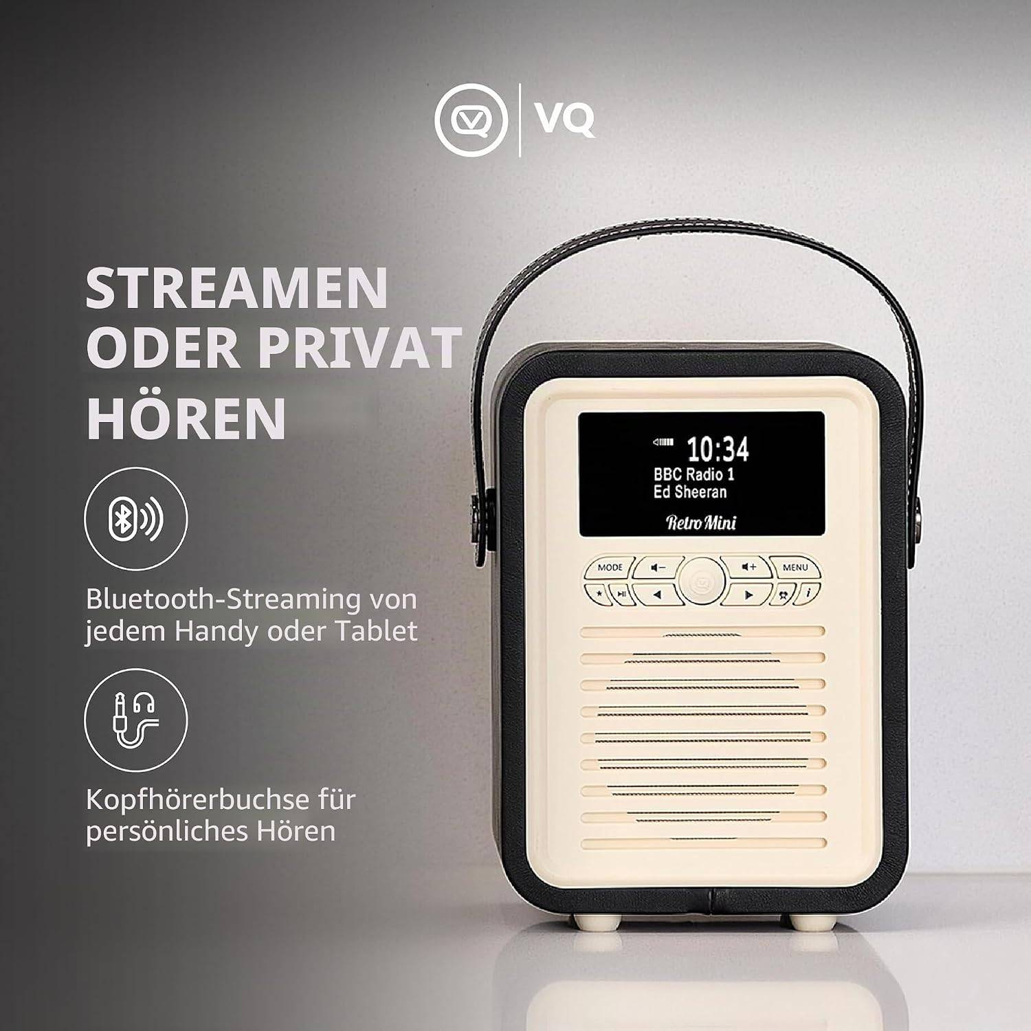 VQ – Retro Mini – Radio – DAB/DAB+ Digitalradio mit UKW, Bluetooth-Lautsprecher, Wecker, USB-Ladeanschluss, Echtholzgehäuse – Schwarzfarbenes