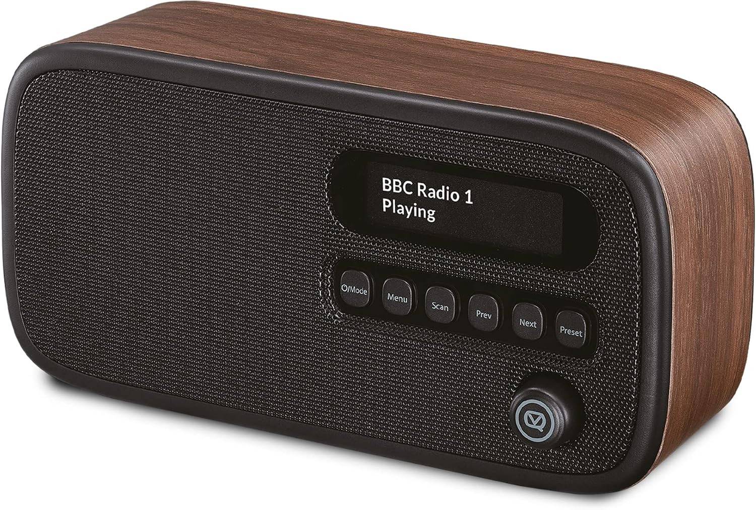 VQ – Dexter – Radio – DAB/DAB+ Digitalradio mit UKW, Bluetooth-Lautsprecher, Wecker, wiederaufladbarer Akku, Echtholzgehäuse – Braunes Design