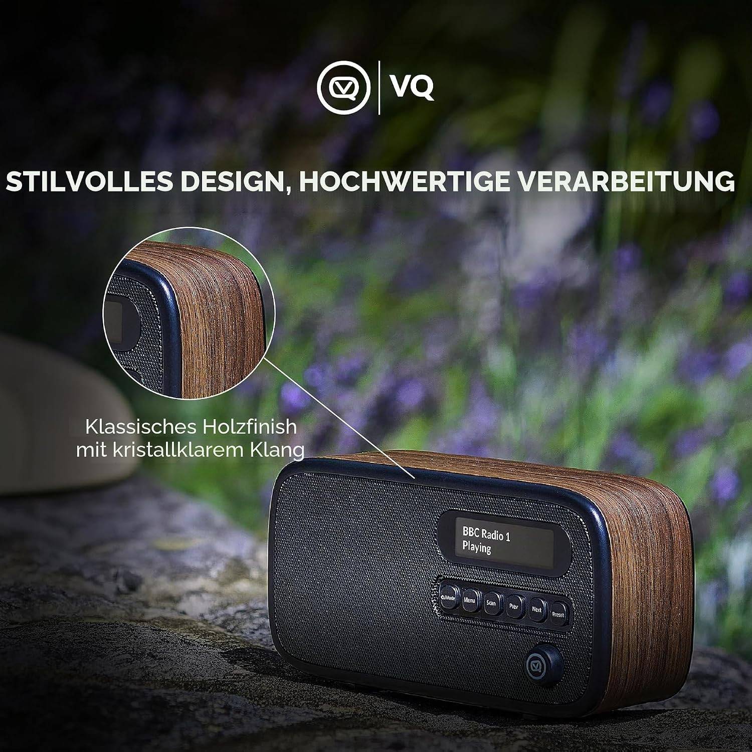 VQ – Dexter – Radio – DAB/DAB+ Digitalradio mit UKW, Bluetooth-Lautsprecher, Wecker, wiederaufladbarer Akku, Echtholzgehäuse – Braunes Design