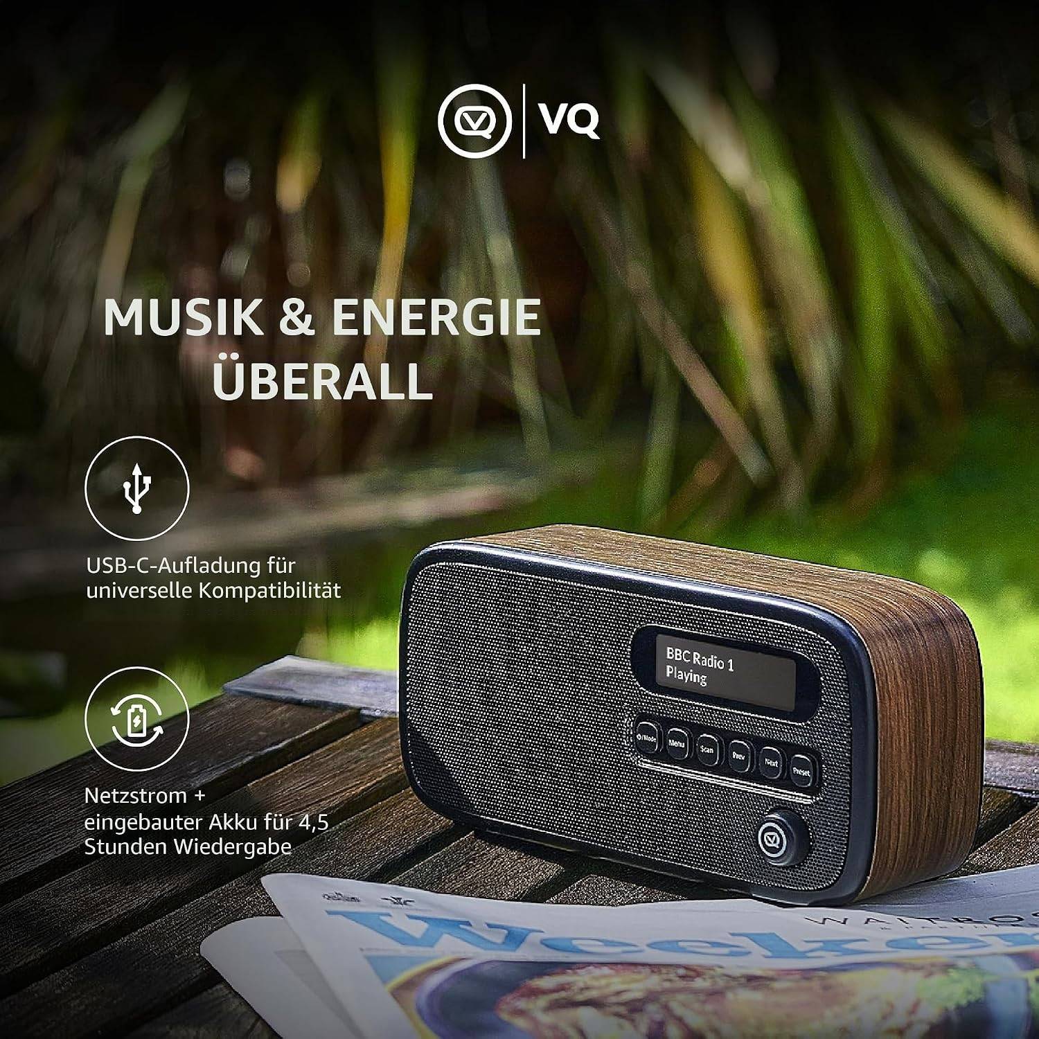 VQ – Dexter – Radio – DAB/DAB+ Digitalradio mit UKW, Bluetooth-Lautsprecher, Wecker, wiederaufladbarer Akku, Echtholzgehäuse – Braunes Design