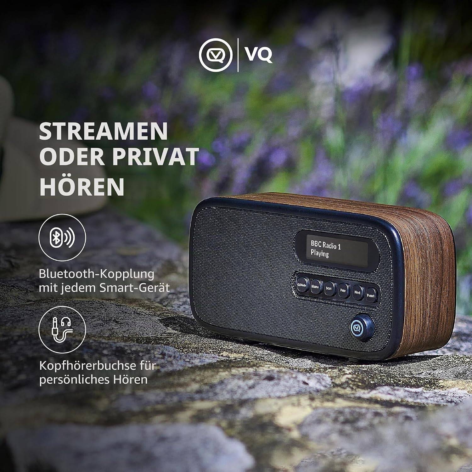 VQ – Dexter – Radio – DAB/DAB+ Digitalradio mit UKW, Bluetooth-Lautsprecher, Wecker, wiederaufladbarer Akku, Echtholzgehäuse – Braunes Design