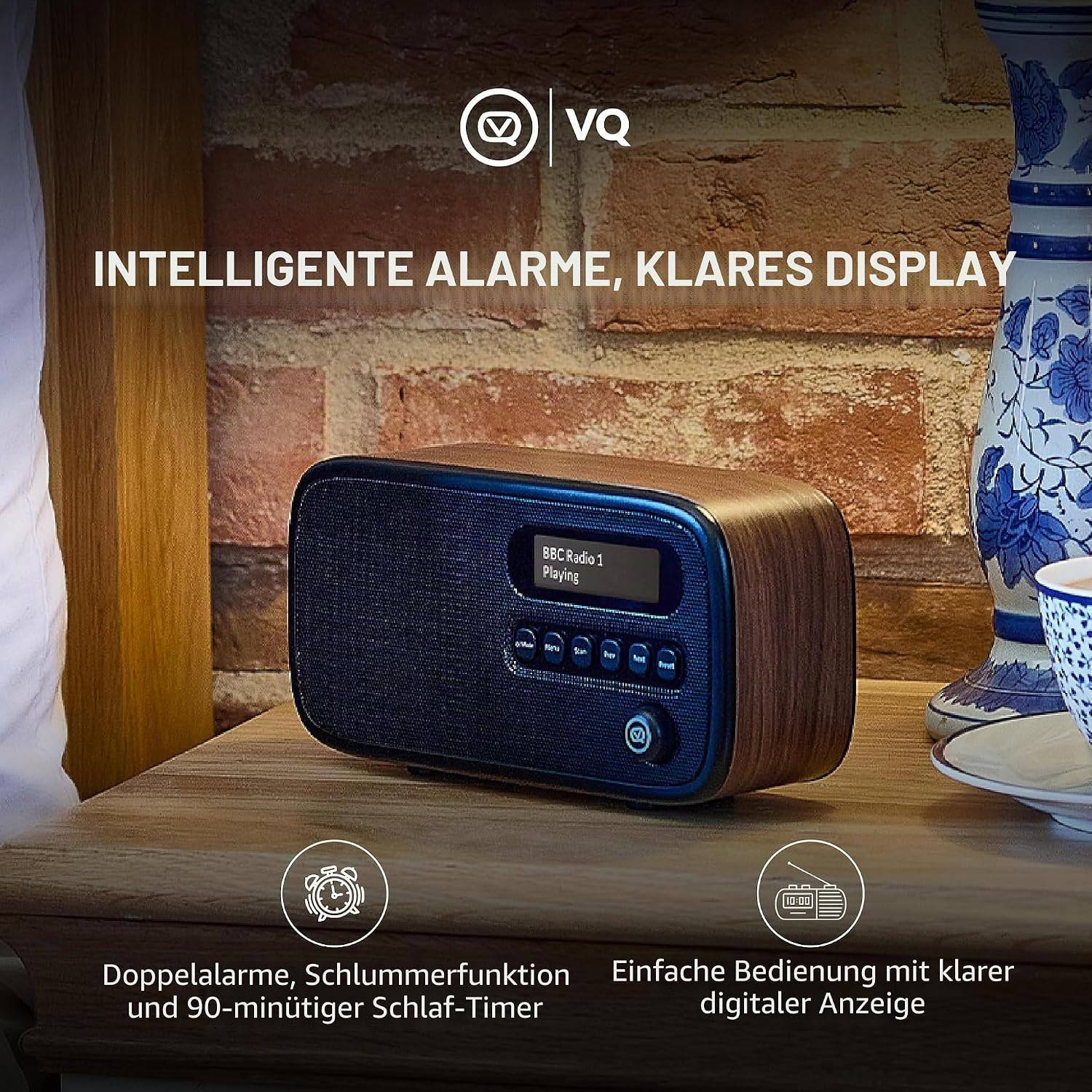 VQ – Dexter – Radio – DAB/DAB+ Digitalradio mit UKW, Bluetooth-Lautsprecher, Wecker, wiederaufladbarer Akku, Echtholzgehäuse – Braunes Design