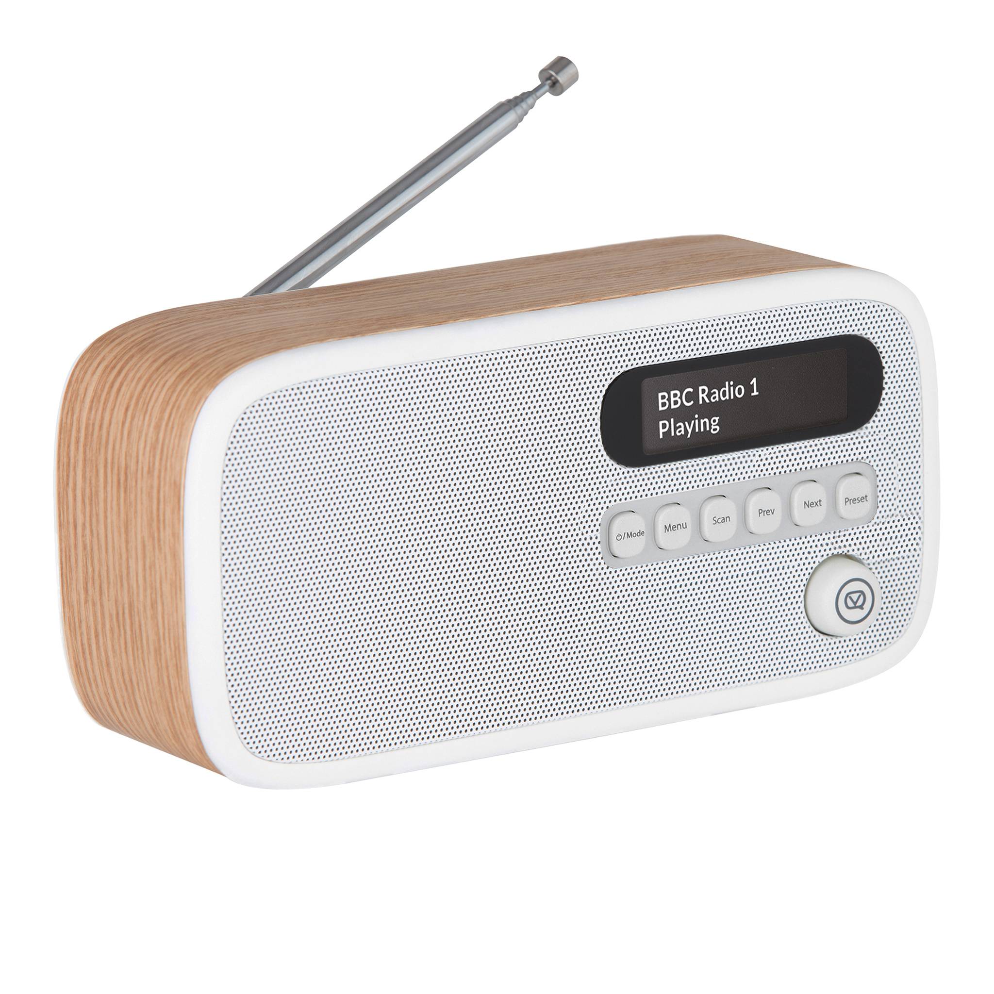 Ein Digitalradio mit Holzoptik und weißem Frontpanel zeigt 