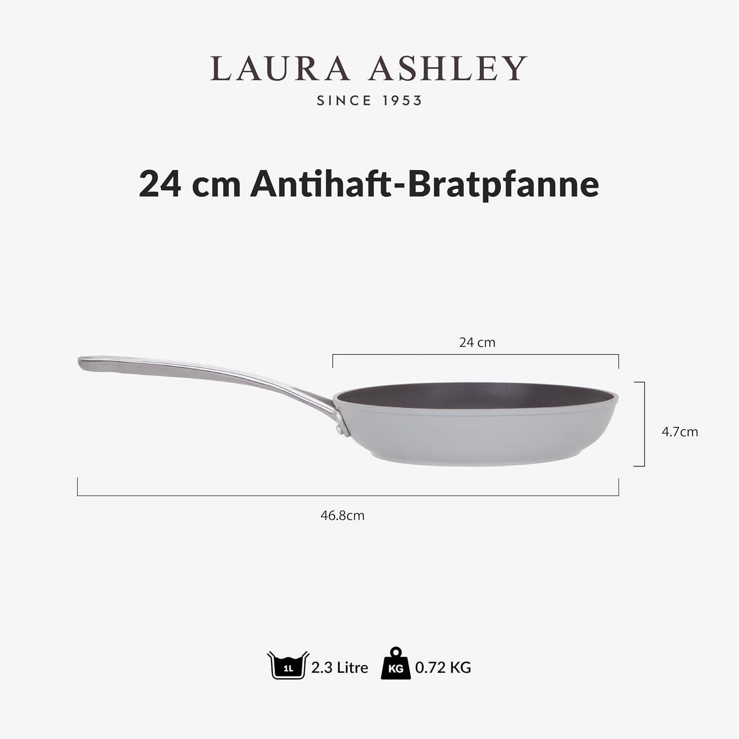 Laura Ashley - 24 cm Bratpfanne – Antihaftbeschichtete Aluminiumpfanne, induktionsgeeignet, Soft-Touch-Griff, Dark Dove Grey (Pendeford)