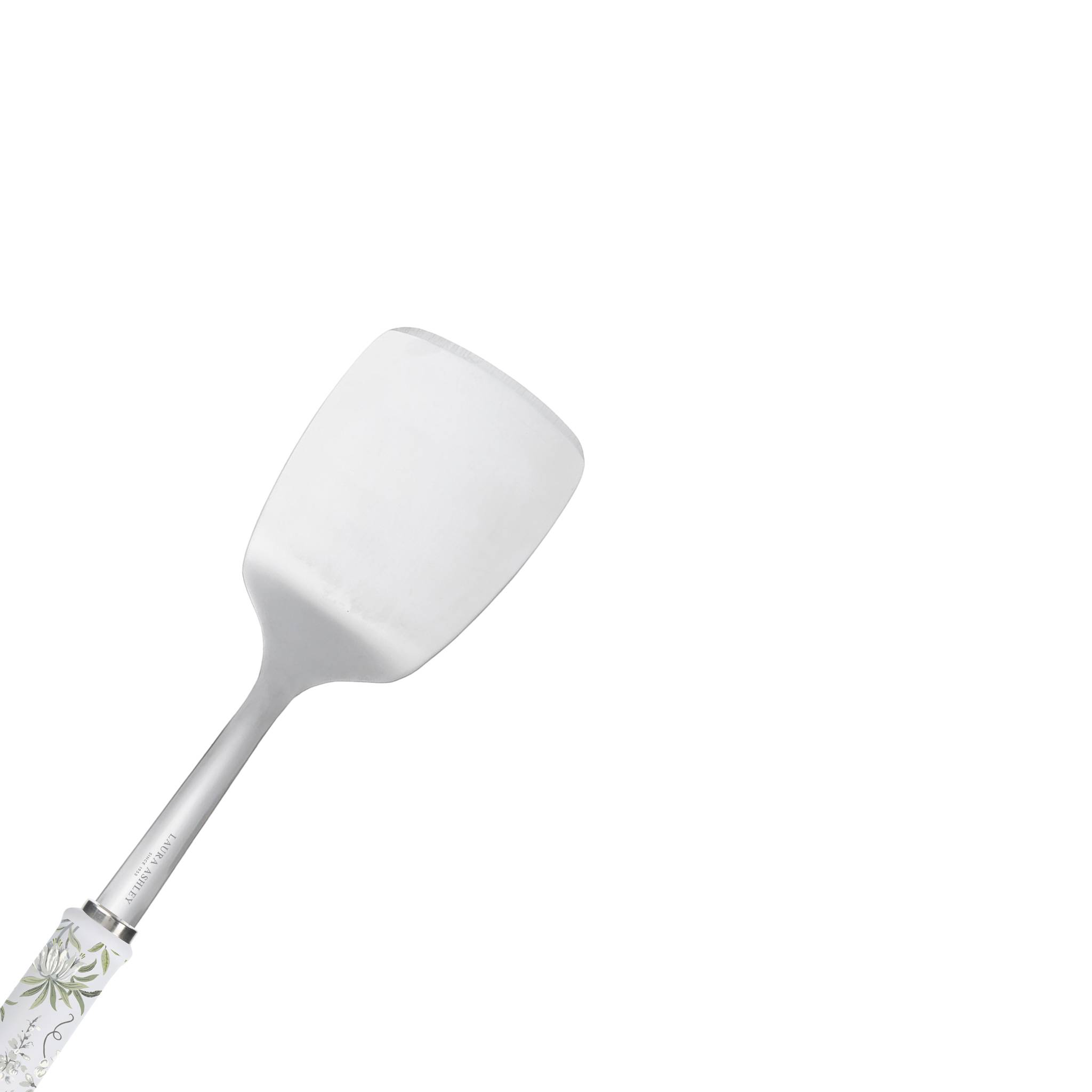 Ein Spatel mit einer breiten, flachen Metallklinge und einem Griff mit Blumenmuster, der zum Wenden oder Servieren von Speisen verwendet wird.