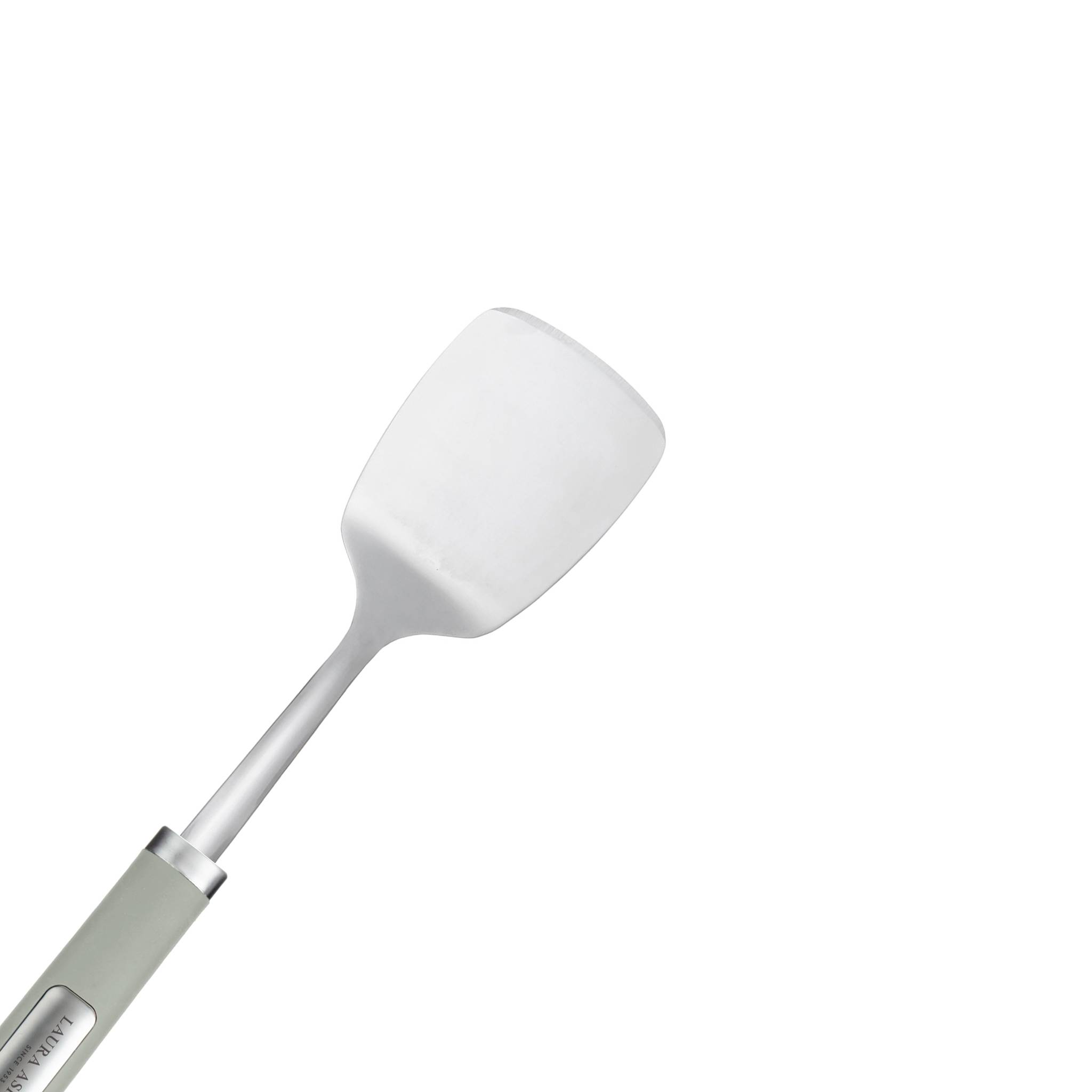 Ein grauer Spatel mit einer breiten, flachen Klinge und einem Griff, entworfen zum Wenden oder Servieren von Speisen.