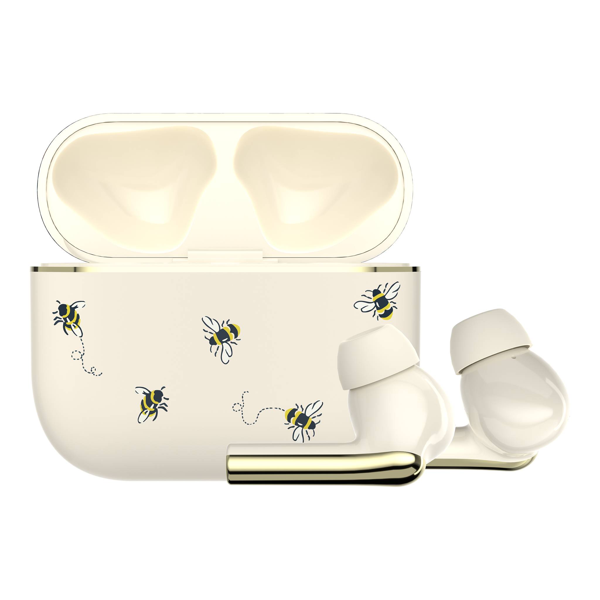 Ein Set cremefarbener kabelloser Ohrhörer mit Bienenmotiven neben einer offenen Ladeschachtel mit demselben Bienenmotiv.
