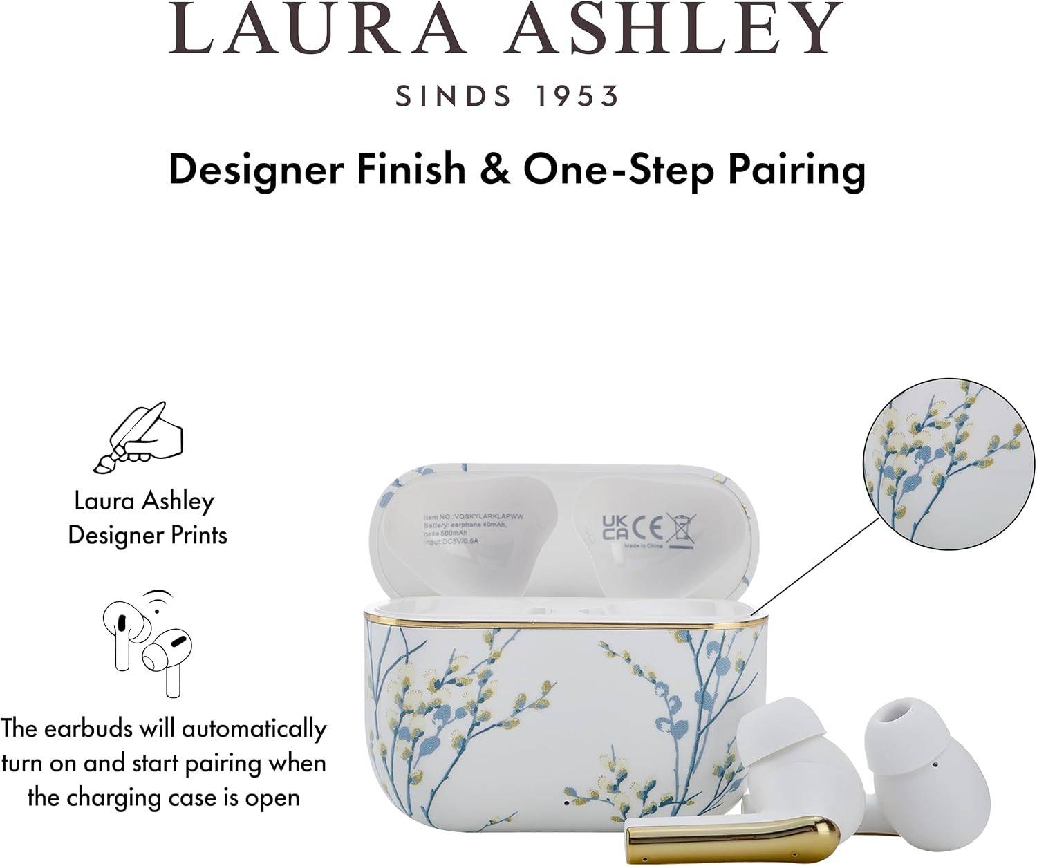 Laura Ashley Kabellose Ohrhörer Bluetooth TWS 5.3 für iPhone & Android ENC - Pussy Willow Weiß
