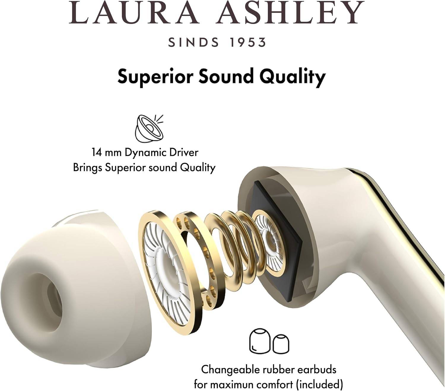 Laura Ashley Kabellose Ohrhörer Bluetooth TWS 5.3 für iPhone & Android ENC - Pussy Willow Weiß