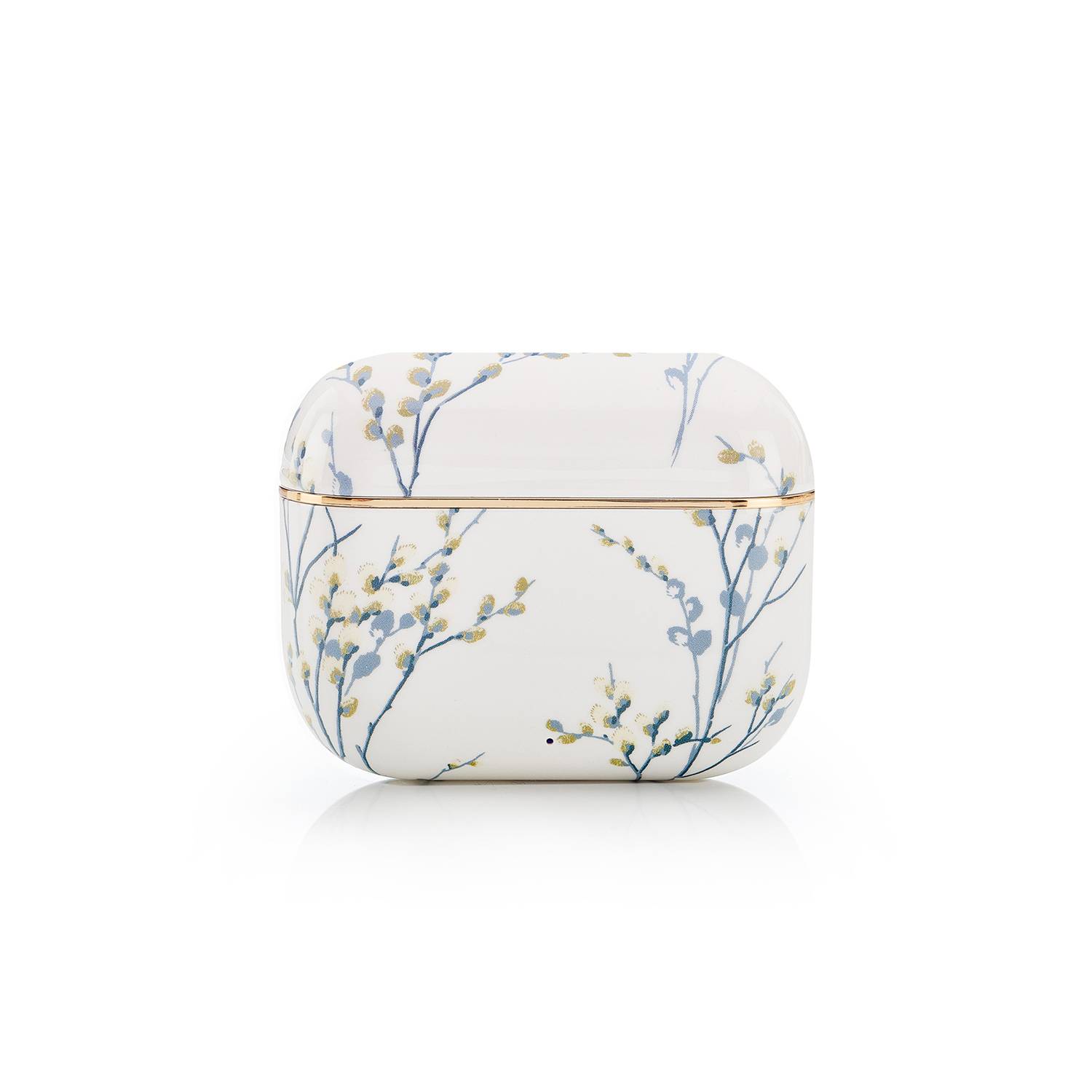 AirPods-Hülle mit weißem Hintergrund zeigt ein zartes Blumenmuster aus blauen und gelben Zweigen, das einen eleganten Touch verleiht.