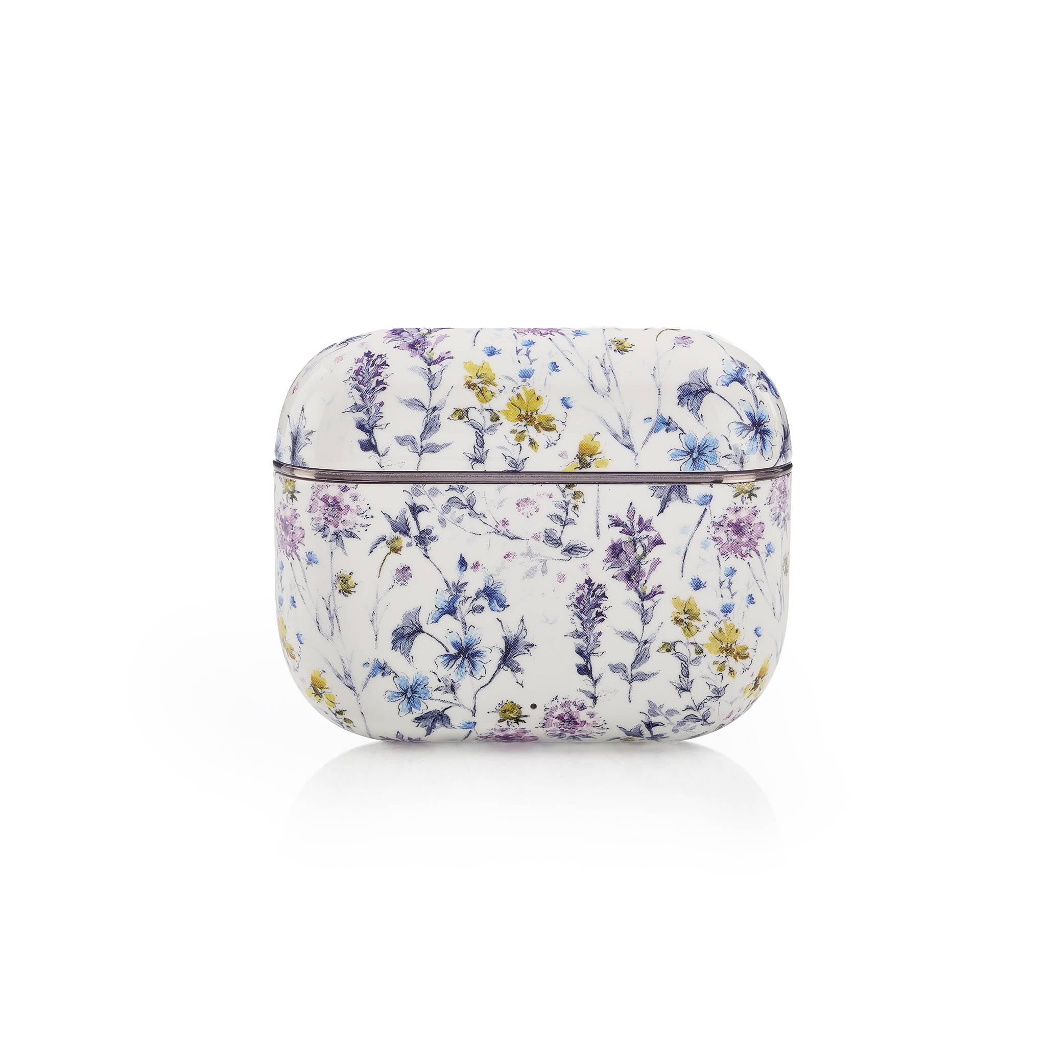 Blumenmuster-Kopfhörer-Schutzhülle im drahtlosen Design mit lila, gelben und blauen Blüten auf weißem Hintergrund, zentriert auf einer schlichten Oberfläche.