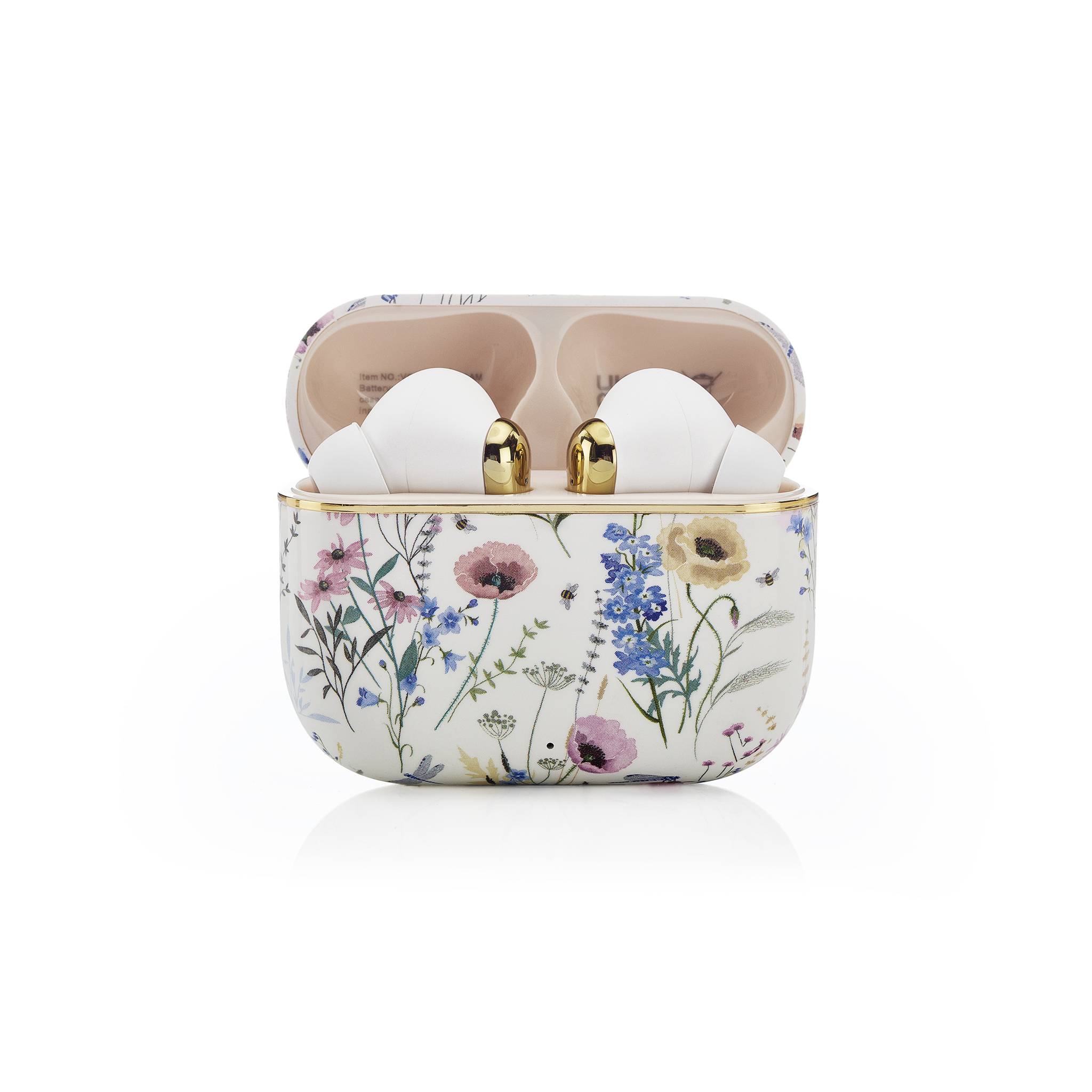 Kabellose Ohrhörer mit Blumenmuster in einem offenen, blumenverzierten Ladeetui mit weißem Innenraum und goldfarbenen Akzenten.