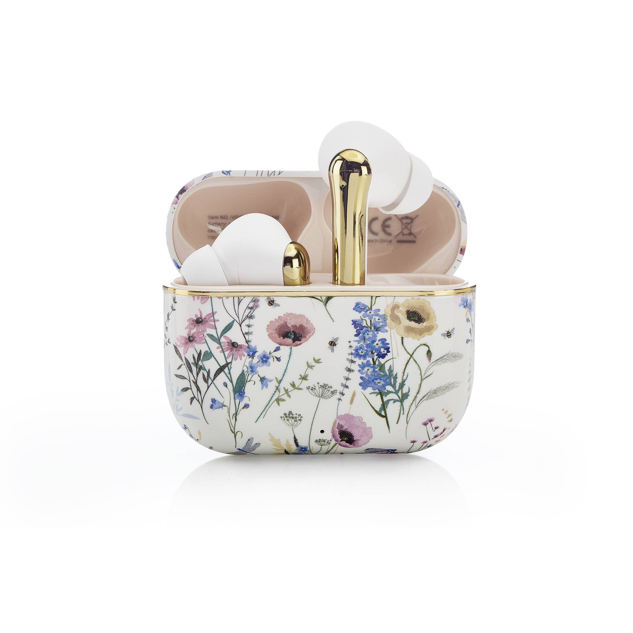 Kabellose Ohrhörer mit Blumenmuster in offener Ladeschale mit goldenen Akzenten, die elegantes Design zeigen.