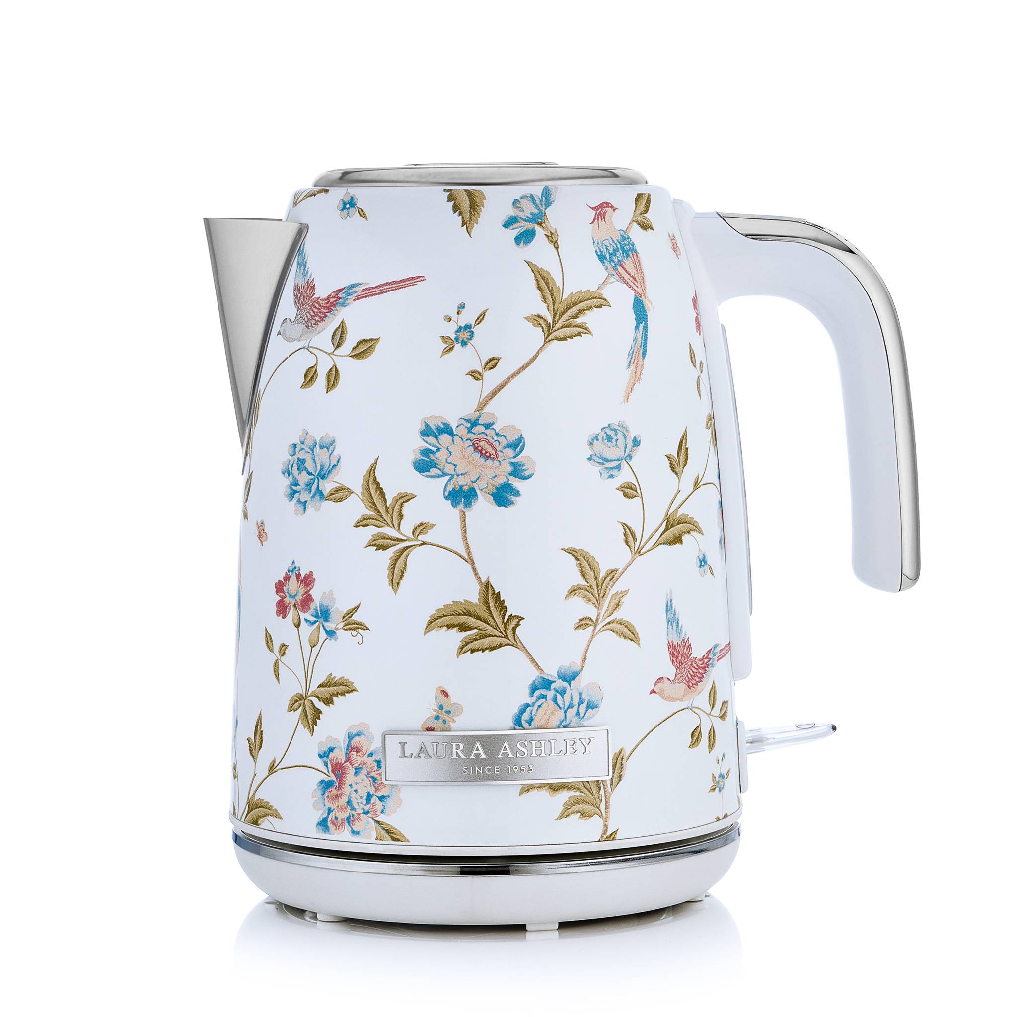 Ein elektrischer Wasserkocher mit Blumenmuster auf weißem Hintergrund und farbenfrohen Blüten, mit metallischem Ausguss und Griff.