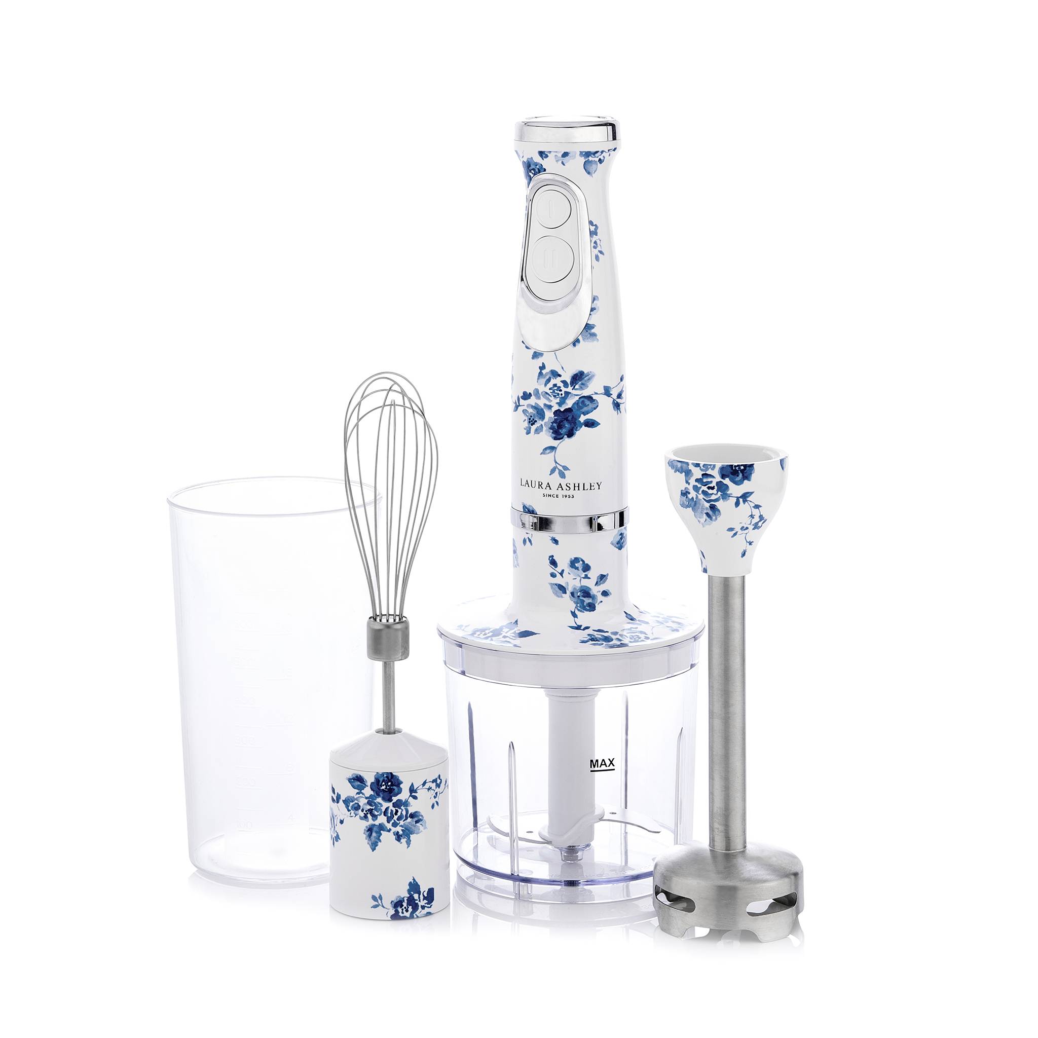 Stabmixerset mit blauem Blumenmuster, bestehend aus einem Mixstab, Schneebesen, Schüssel und hohem Messbcher.