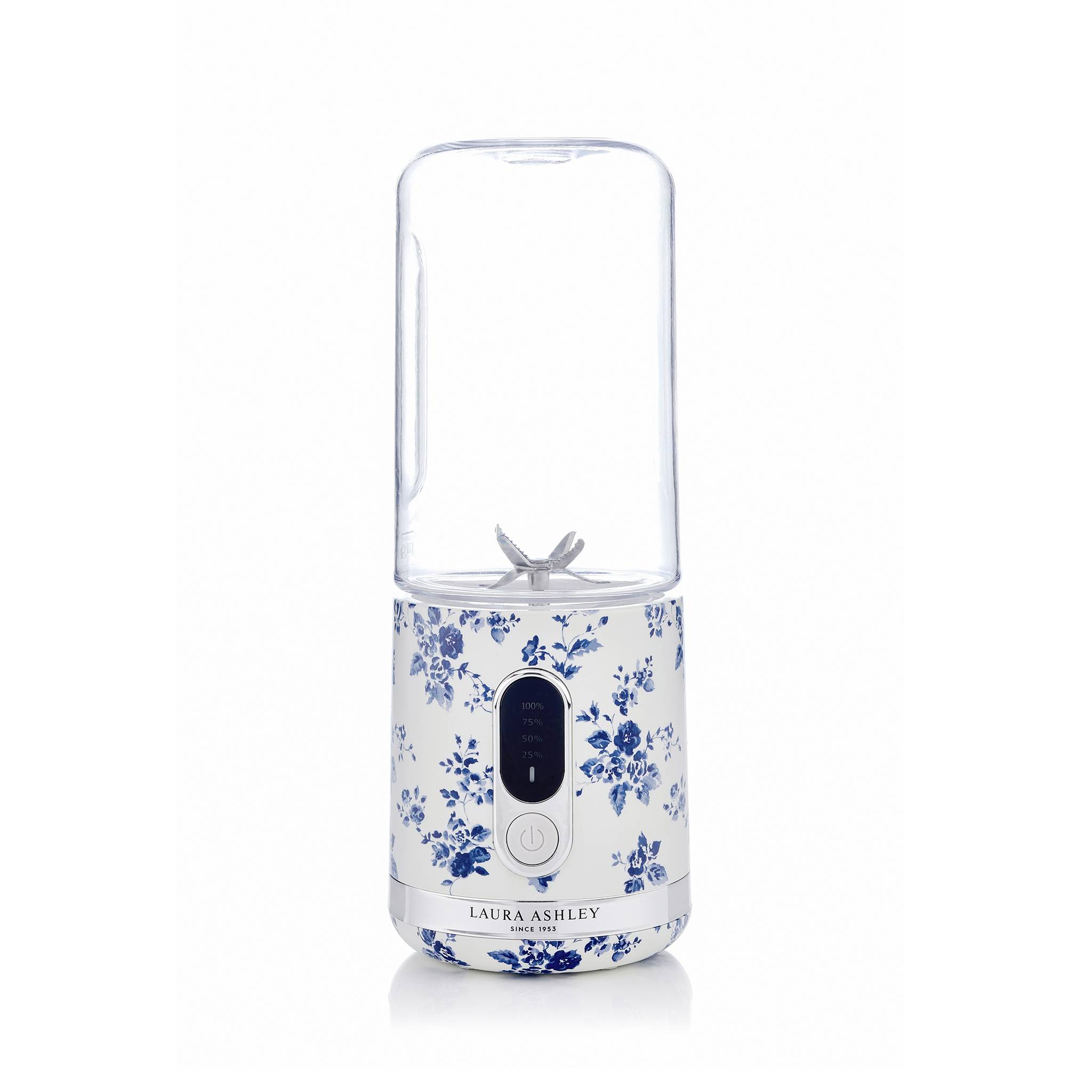Tragbarer Mixer von 'LAURA ASHLEY' mit Blumendesign, mit durchsichtigem Deckel und Mischknopf auf der Vorderseite.