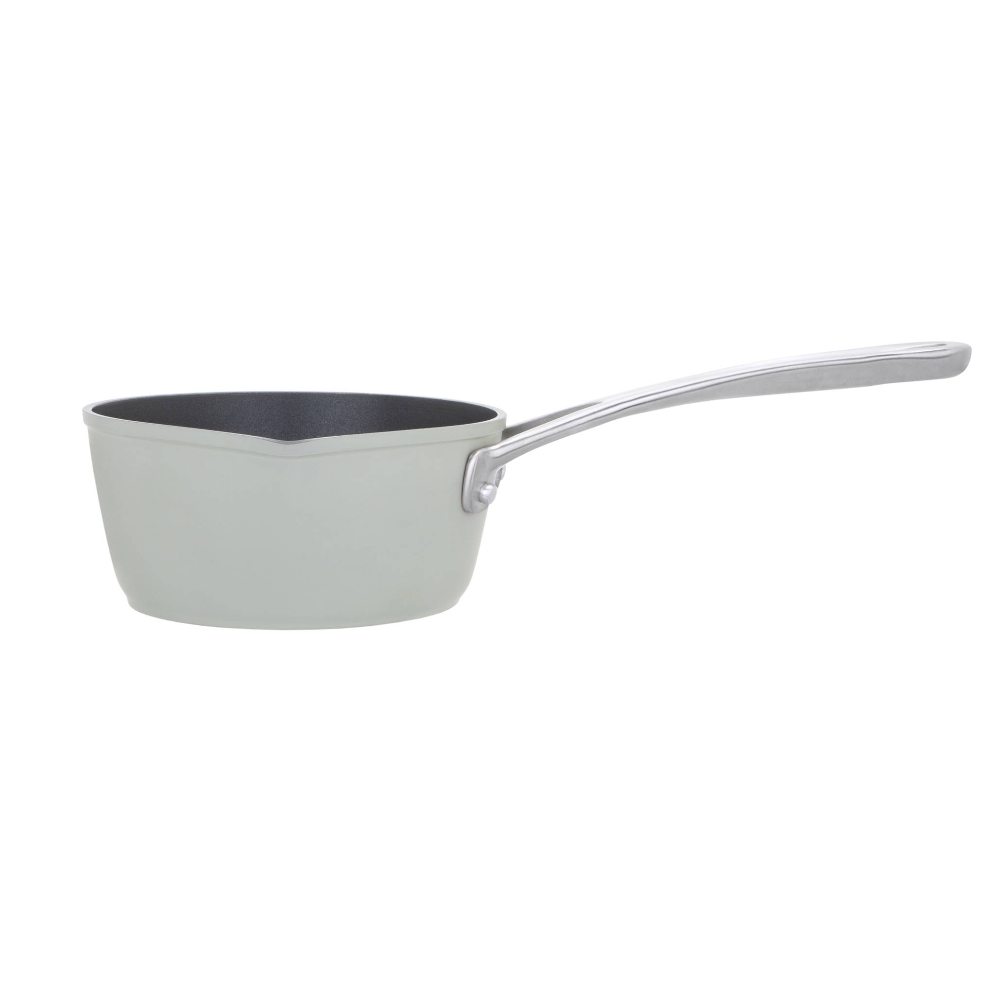 Eine graue Pfanne mit langem silbernem Griff, vor weißem Hintergrund abgebildet, zum Kochen verwendet.