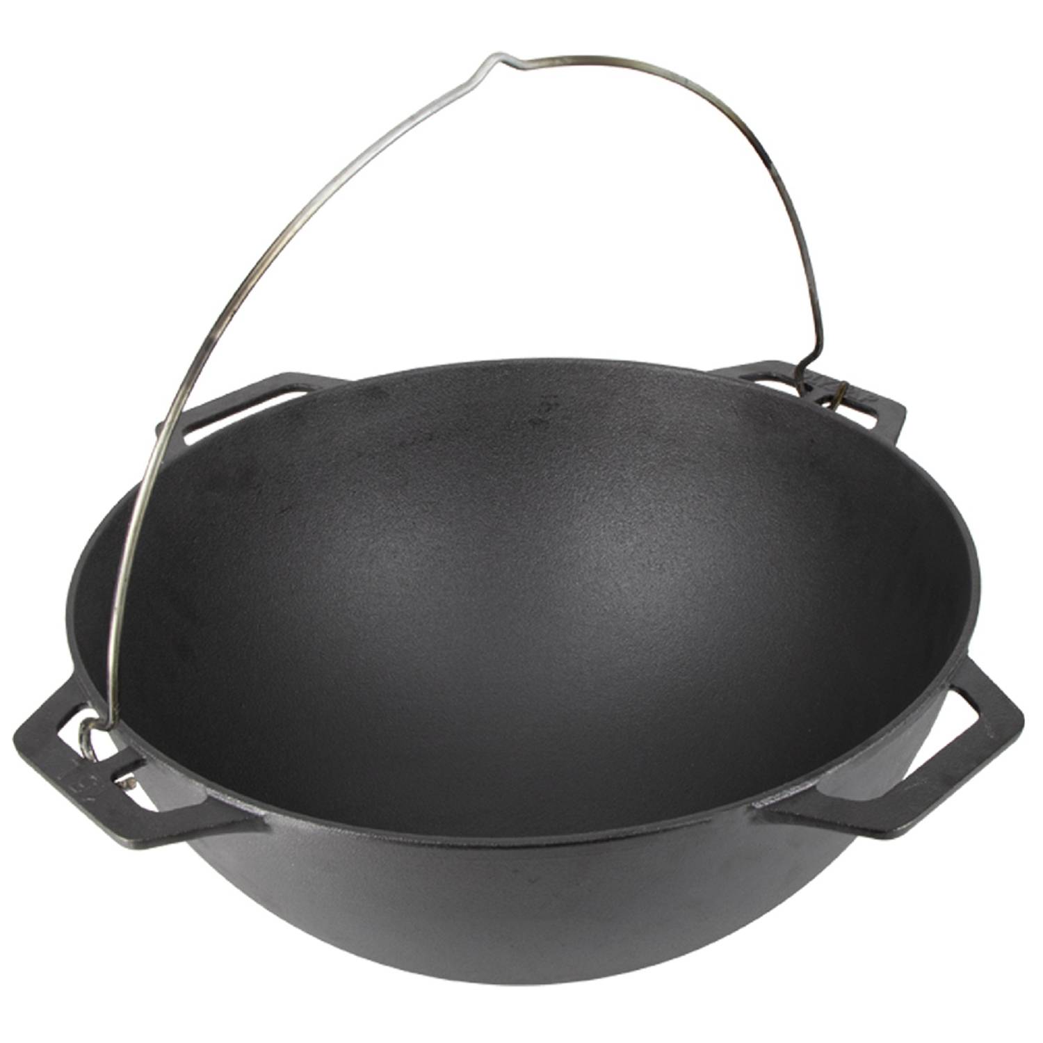 Ein schwarzer Gusseisertopf mit zwei Griffen und einem gewölbten Metallbügel oben, geeignet zum Kochen über einem Feuer.