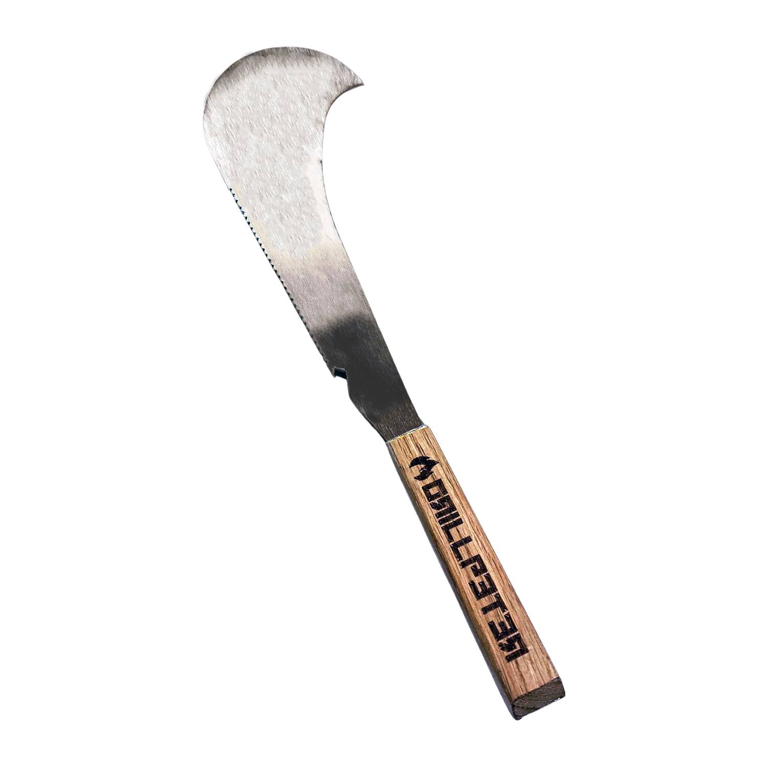 Eine gezahnte Edelstahl-Machete mit Holzgriff, Marke 'K-BARLEY'.