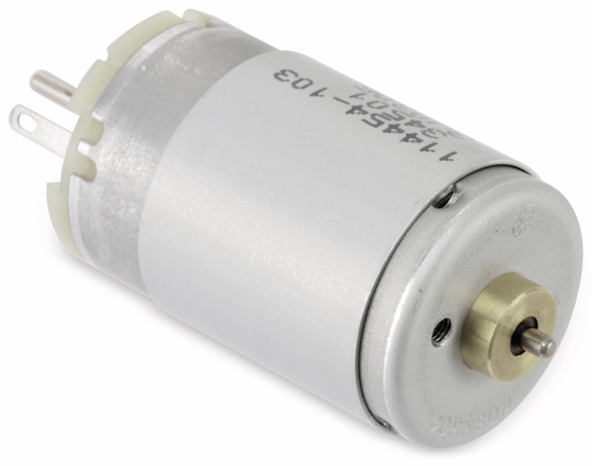 Ein kleiner zylindrischer Gleichstrommotor mit Metallgehäuse und einer Rotorwelle, die an einem Ende hervorsteht, wird häufig in elektronischen Projekten verwendet.