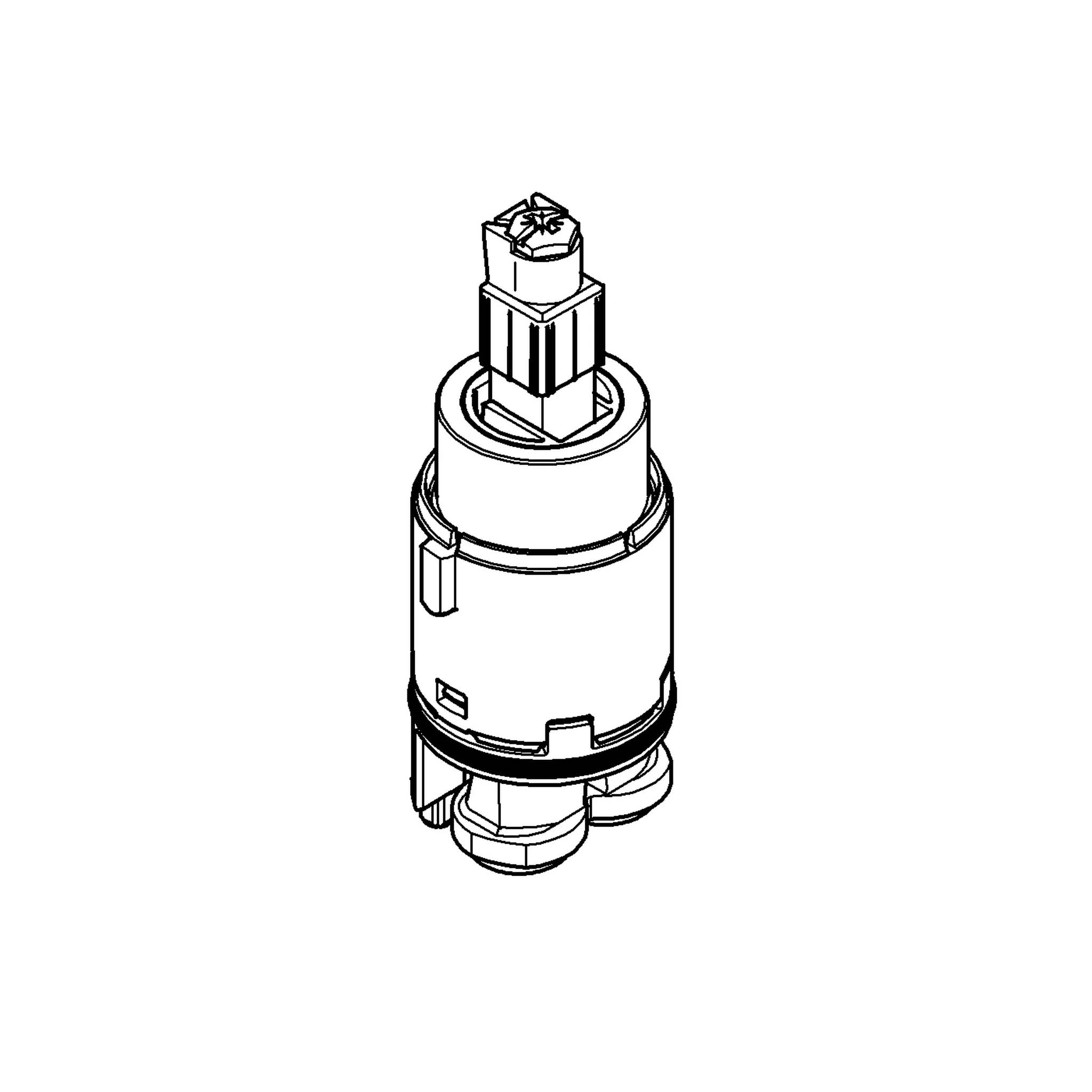 Schwarzweißtechnische Zeichnung einer zylindrischen mechanischen Patrone oder Ventilbaugruppe mit einer hervorstehenden quadratischen Welle oben.