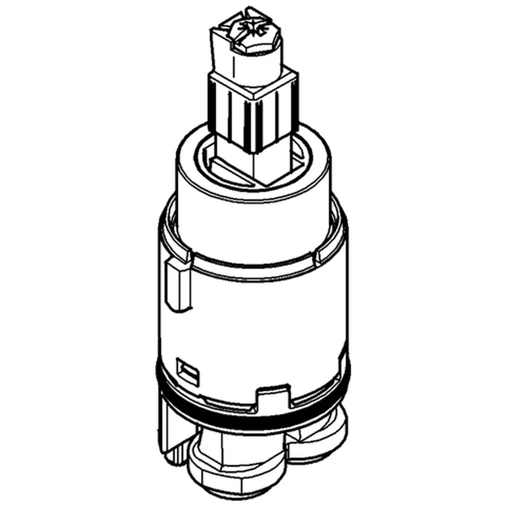 Schwarz-weiß technische Zeichnung eines zylindrischen Sanitär-Kartuschenventi ls mit quadratischem Keilnellschaft oben und Anschlussarmaturen an der Basis.