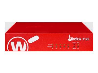 Rotes WatchGuard Firebox T10-Gerät, Frontansicht, mit LED-Anzeigelichtern mit den Bezeichnungen 