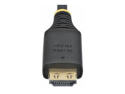 Eine Nahaufnahme eines schwarzen HDMI-Kabels mit gelbem Rand, beschriftet mit „4K 60Hz 18Gbps