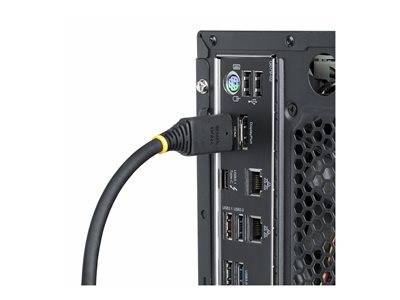 Rückseite eines Computer-Towers mit verschiedenen Anschlüssen, einschließlich USB, Ethernet und eines angeschlossenen HDMI-Kabels.