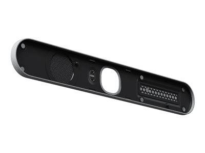 Nahaufnahme der Seite eines schwarzen elektronischen Geräts mit Lautsprecher, Schaltfläche und Anschlussport.