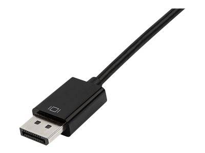 Ein schwarzes DisplayPort-Kabel mit einem rechteckigen Anschluss, das an der Spitze ein Symbol aufweist, das seinen Zweck für die Videoausgabe anzeigt.