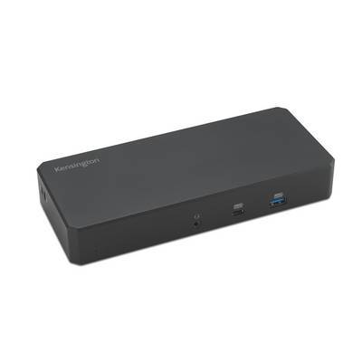 Eine schwarze rechteckige Dockingstation mit mehreren USB-Anschlüssen, einschließlich zwei USB-3.0-Anschlüssen, auf einem einfachen weißen Hintergrund positioniert.