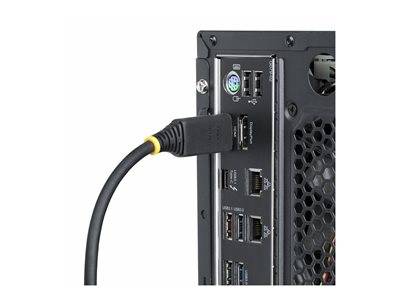 Ein Motherboard eines Computers von hinten, das verschiedene Anschlüsse zeigt, darunter USB-, HDMI- und Ethernet-Verbindungen. Ein Kabel ist angeschlossen und veranschaulicht die Konnektivität.