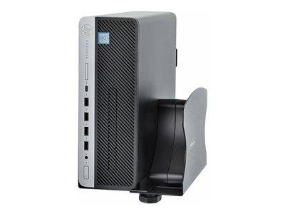 Ein kompakter, vertikal ausgerichteter Desktop-Computer mit nach vorne gerichteten Anschlüssen und einer blauen Stromversorgungsanzeige, der auf einem schwarzen Ständer steht.