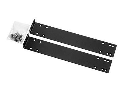 Zwei schwarze Metallhalterungen mit mehreren Bohrungen, parallel angeordnet, zusammen mit einem kleinen Beutel mit Schrauben.