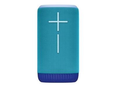 Ein tragbarer blauer Bluetooth-Lautsprecher mit Plus- und Minuszeichen auf der Vorderseite zur Lautstärkeregelung.