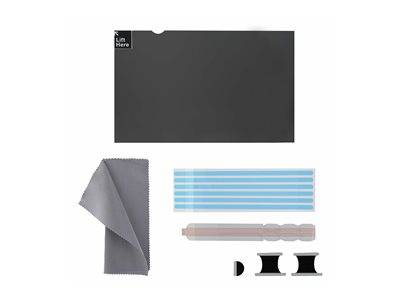 Displayschutzfolien-Set mit schwarzer Folie, Reinigungstuch, Ausrichtungswerkzeugen und Staubentfernungsstickern angeordnet auf weißem Hintergrund.